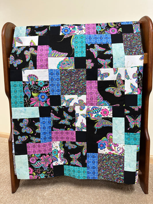 Handmade Floral Unfinished Quilt Top: Butterflies, Lap Quilt (45" x 58")