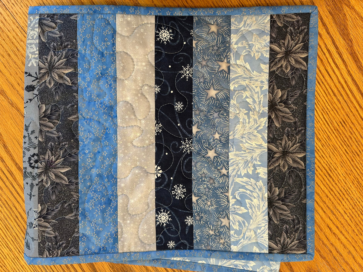 Blue Silver Snowflakes Winter Table Runner Quilted 13x40", Hanukkah Christmas