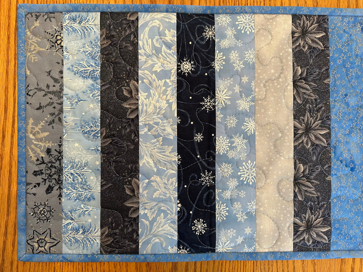 Blue Silver Snowflakes Winter Table Runner Quilted 13x40", Hanukkah Christmas