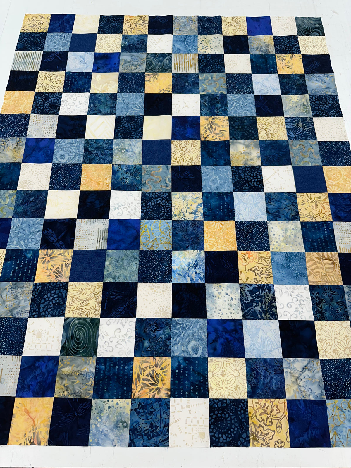 Handmade Blue Batik Unfinished Quilt Top, 36"x44", Lap Crib Throw Quilt Size