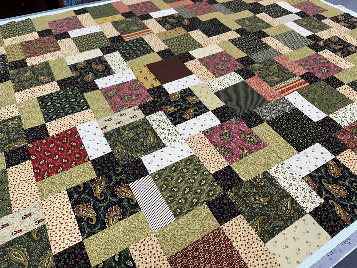 Handmade Unfinished Quilt Top, Reproduction Fabric, Green Red, 45"x58" Lap Throw