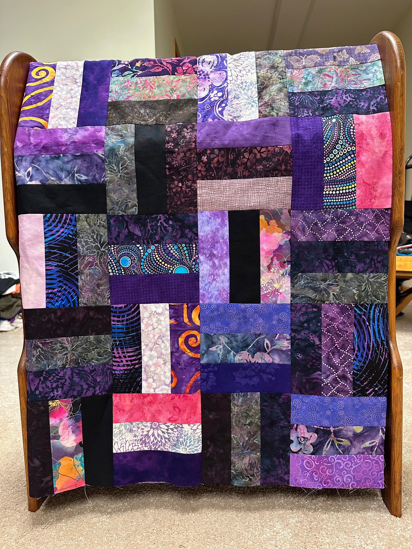 Handmade Purple & Pink Batik Quilt Top – 48"x60" Lap Throw Wall Quilt