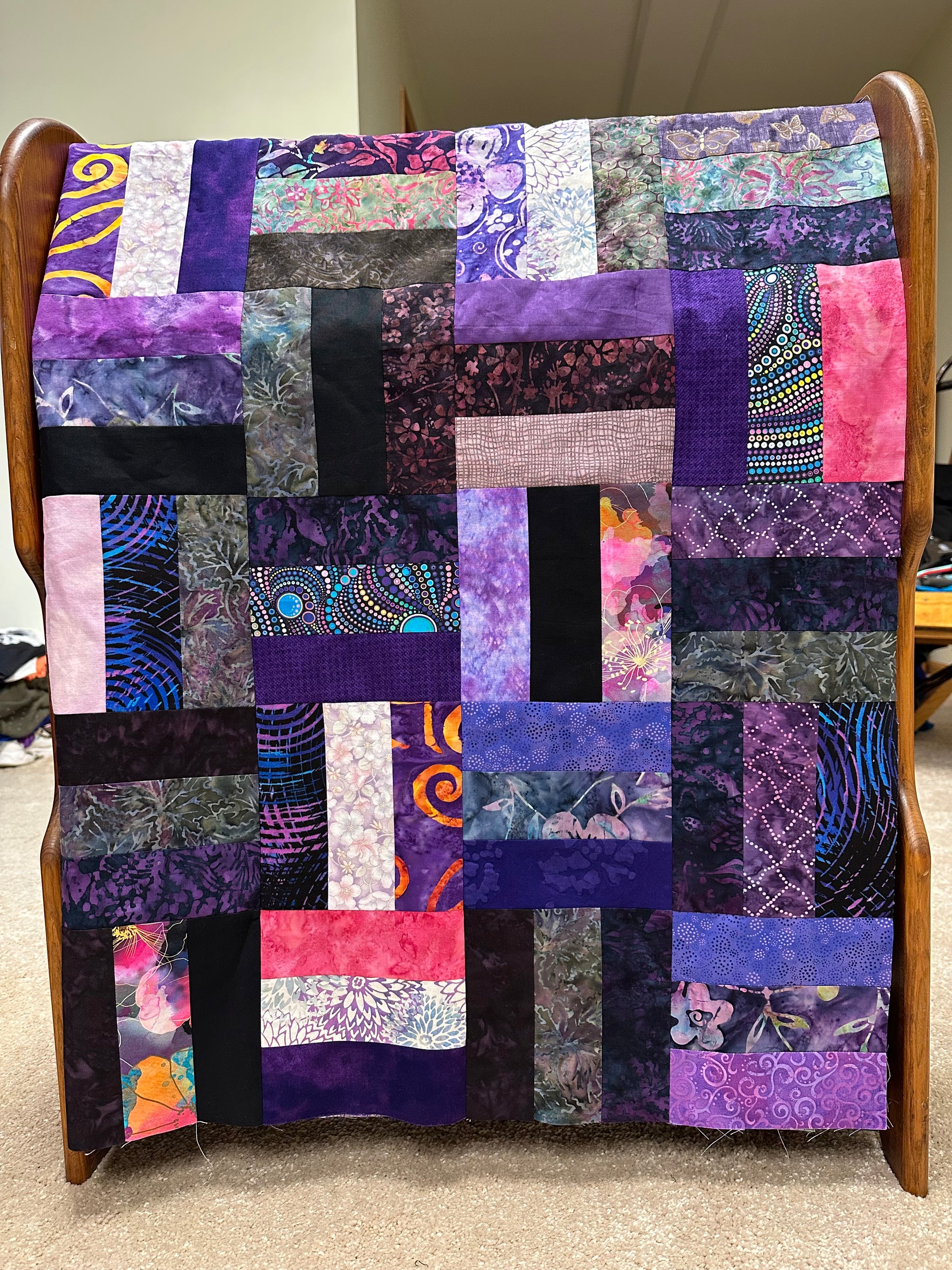 Handmade Purple & Pink Batik Quilt Top – 48"x60" Lap Throw Wall Quilt