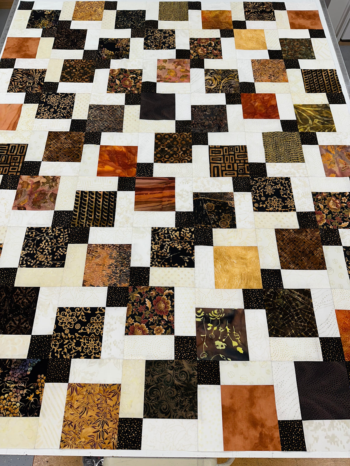 Handmade Batik Unfinished Quilt Top, Black, Brown, & Beige, 45" x 58", Lap Size