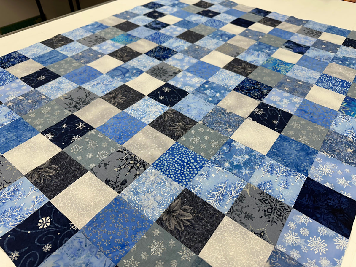 Handmade Christmas Unfinished Quilt Top – Blue, Silver, & White – 36" x 45"