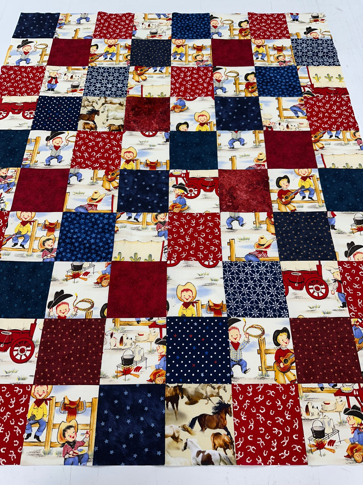 Handmade Unfinished Quilt Top, Baby Boy, Western, Lil Cowboy, Bandanas, 36"x45"
