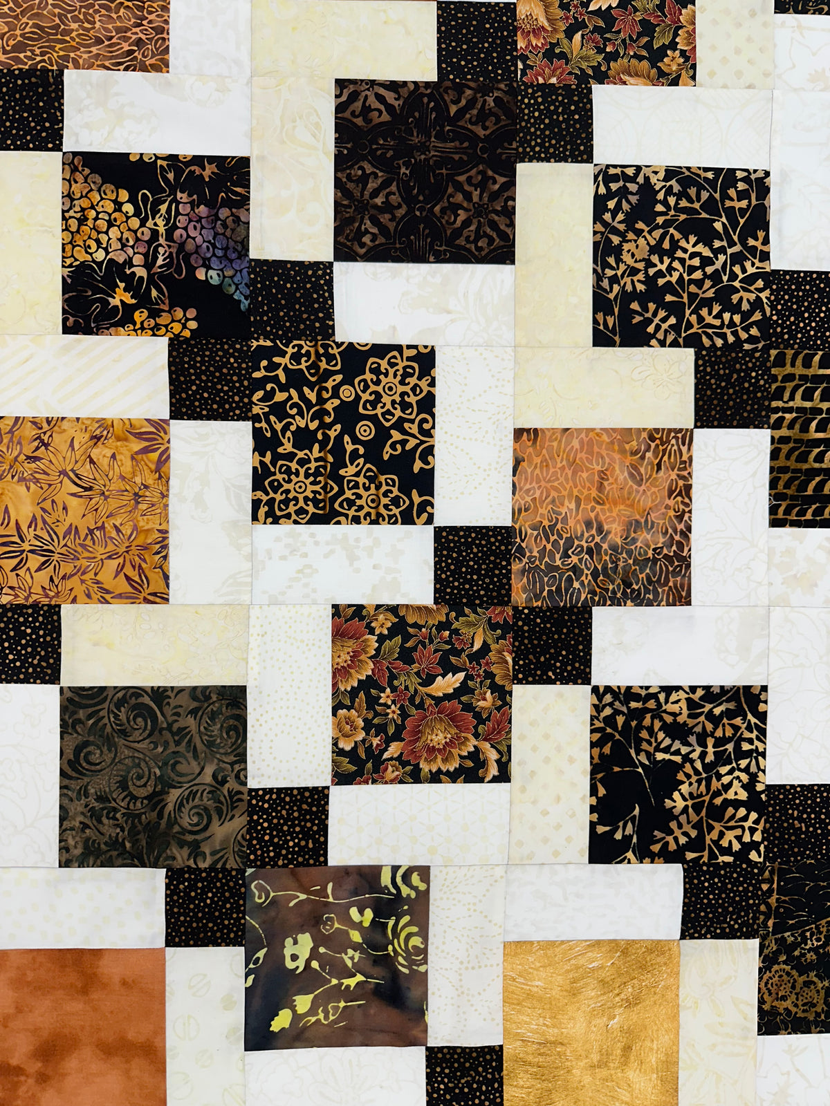 Handmade Batik Unfinished Quilt Top, Black, Brown, & Beige, 45" x 58", Lap Size