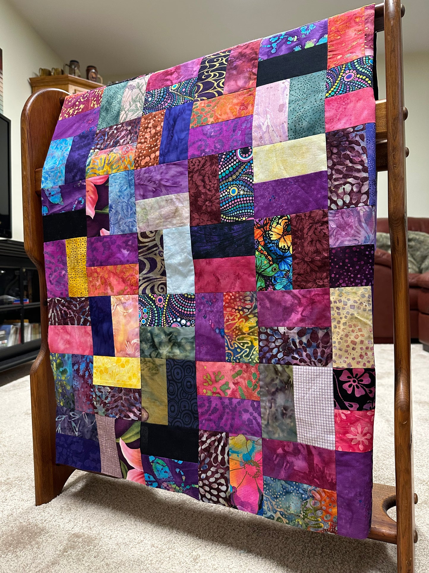 Handmade Purple & Pink Batik Quilt Top, 36"x44", Lap Crib Quilt Size