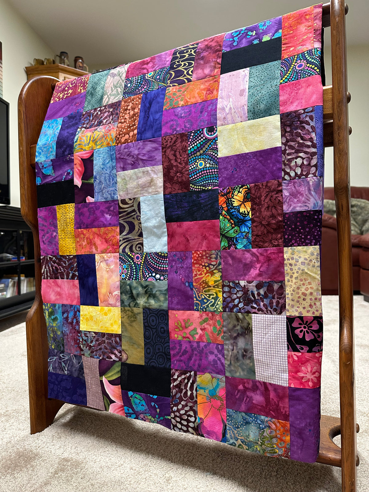 Handmade Purple & Pink Batik Quilt Top, 36"x44", Lap Crib Quilt Size