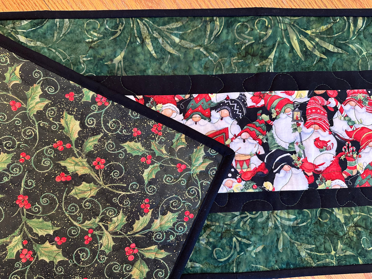 Christmas Gnomes Quilted Table Runner, Handmade Holiday Table Decor, 13x41