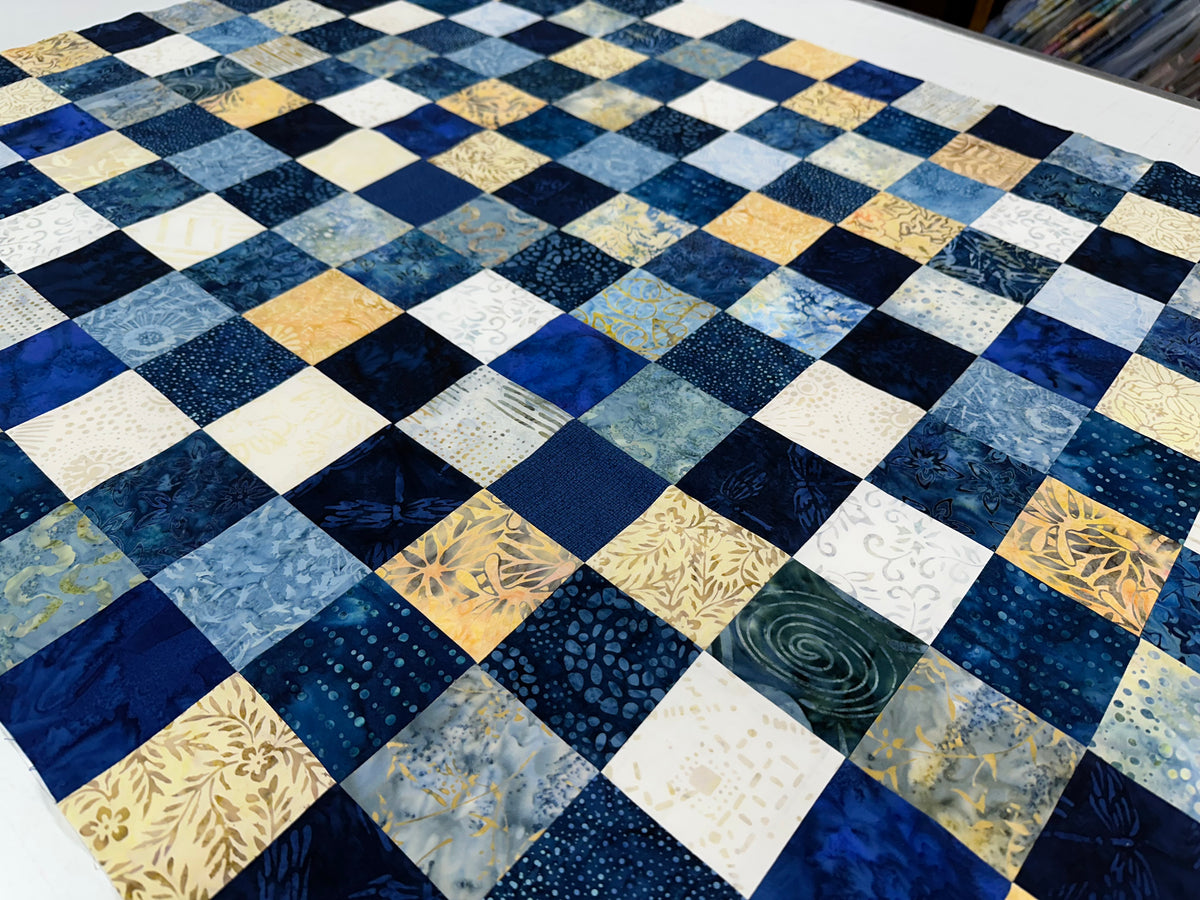 Handmade Blue Batik Unfinished Quilt Top, 36"x44", Lap Crib Throw Quilt Size