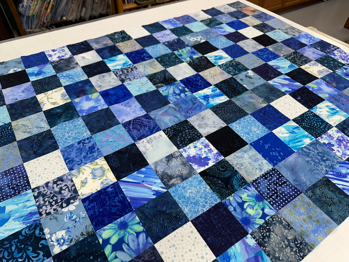 Handmade Blue Batik Unfinished Quilt Top, 36"x44", Lap Crib Throw Quilt Size