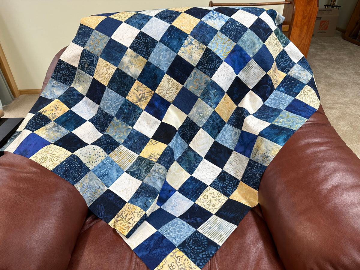 Handmade Blue Batik Unfinished Quilt Top, 36"x44", Lap Crib Throw Quilt Size