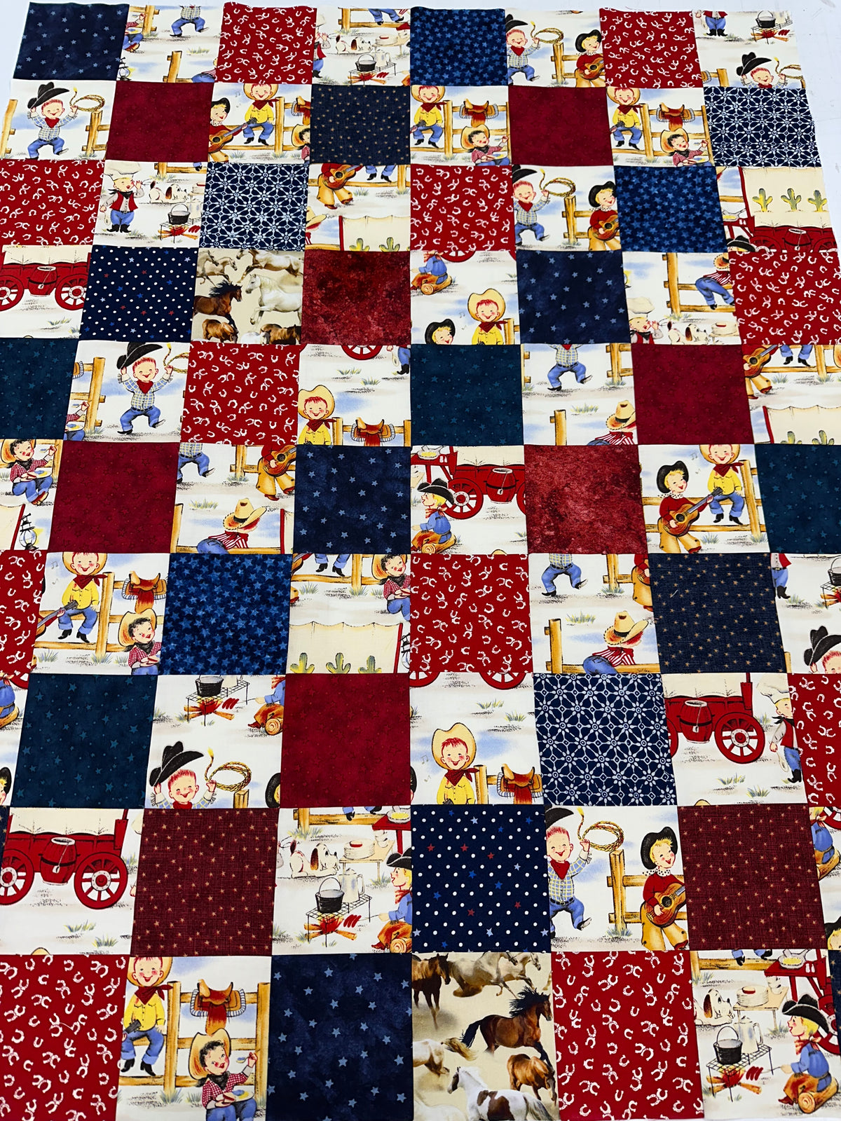 Handmade Unfinished Quilt Top, Baby Boy, Western, Lil Cowboy, Bandanas, 36"x45"