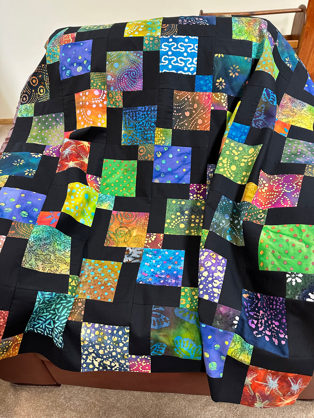 Handmade Batik Unfinished Quilt Top – Rainbow Colors – 45" x 58" Lap or Throw