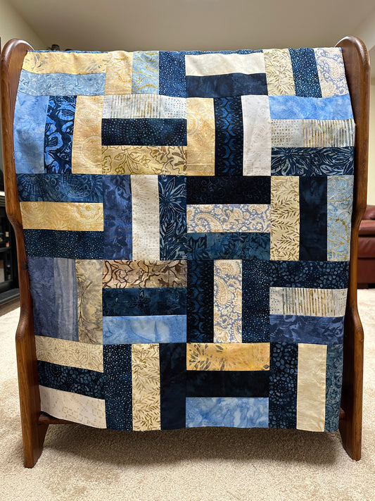 Blue Batik Unfinished Quilt Top, 48x60 Lap Quilt, Handmade Patchwork Sofa Throw