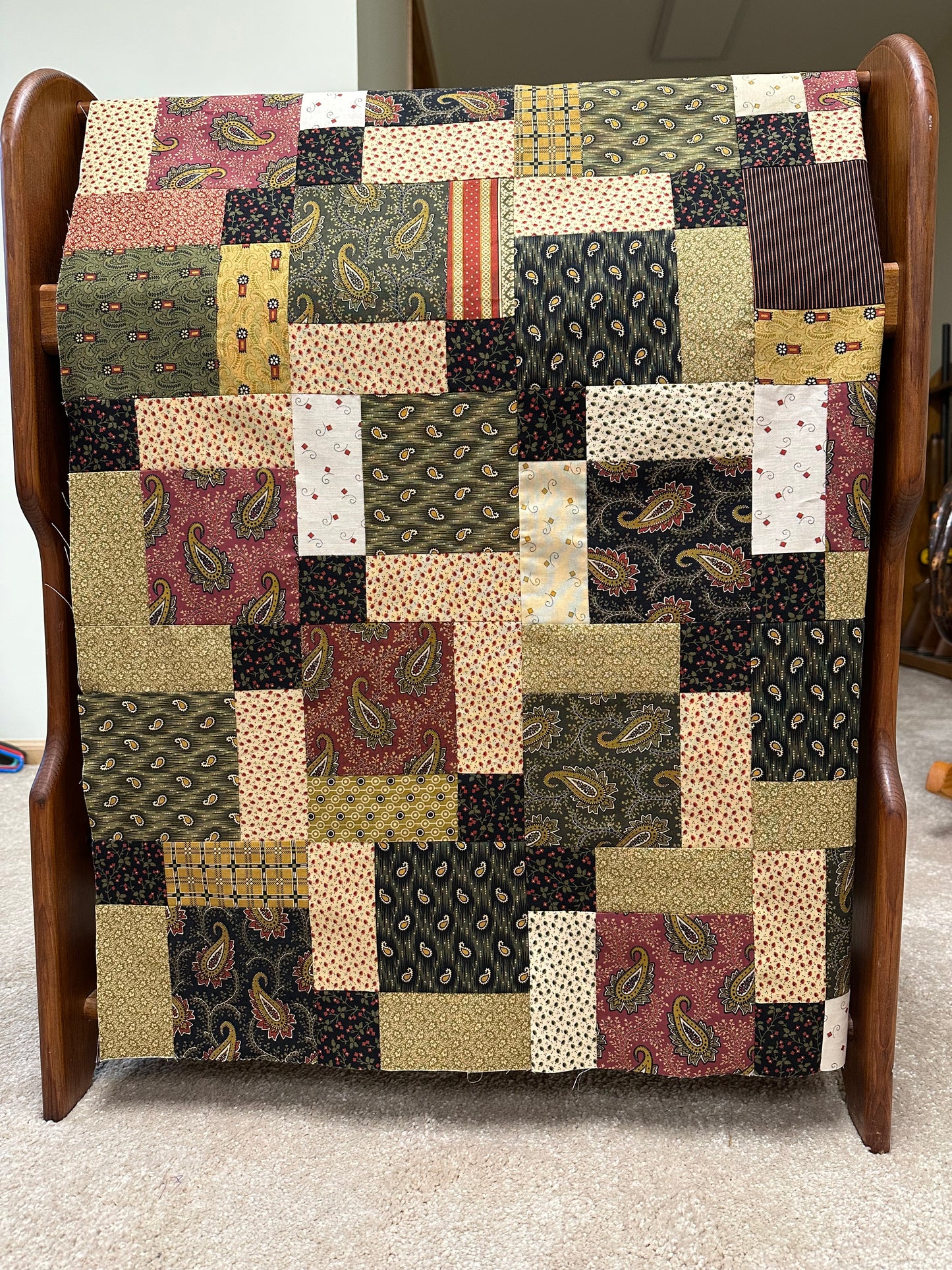 Handmade Unfinished Quilt Top, Reproduction Fabric, Green Red, 45"x58" Lap Throw
