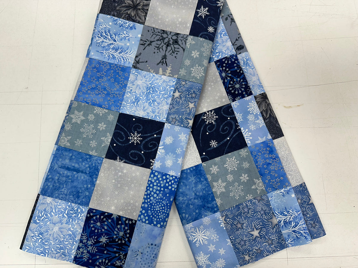 Handmade Christmas Unfinished Quilt Top – Blue, Silver, & White – 36" x 45"
