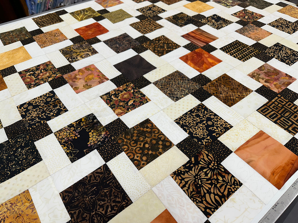Handmade Batik Unfinished Quilt Top, Black, Brown, & Beige, 45" x 58", Lap Size