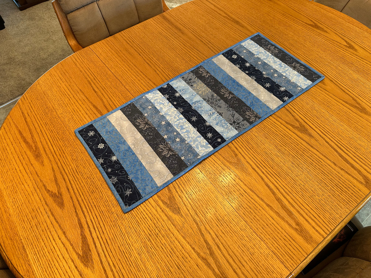 Blue Silver Snowflakes Winter Table Runner Quilted 13x32", Hanukkah Christmas
