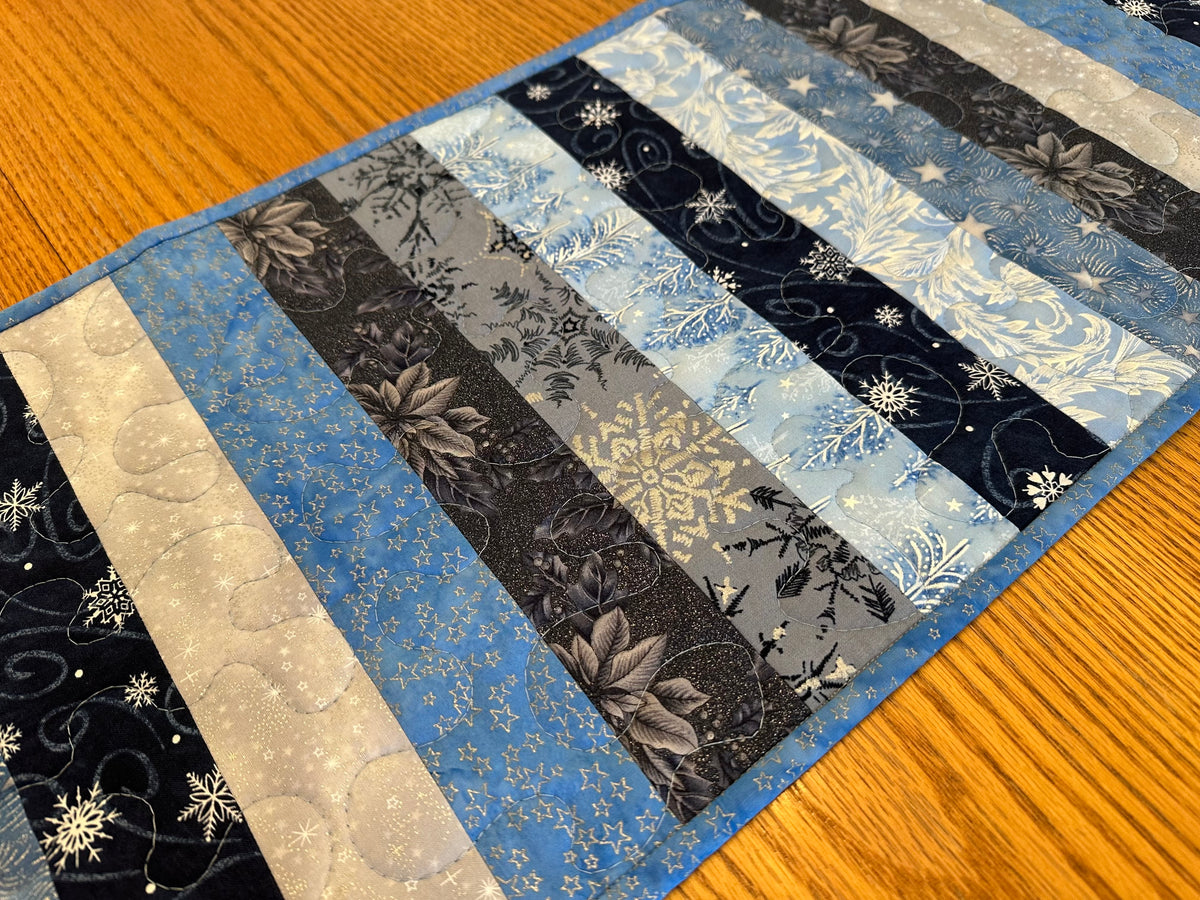 Blue Silver Snowflakes Winter Table Runner Quilted 13x32", Hanukkah Christmas