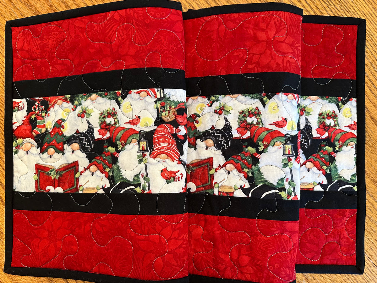 Christmas Gnomes Quilted Table Runner, Handmade Holiday Table Decor, 13x41