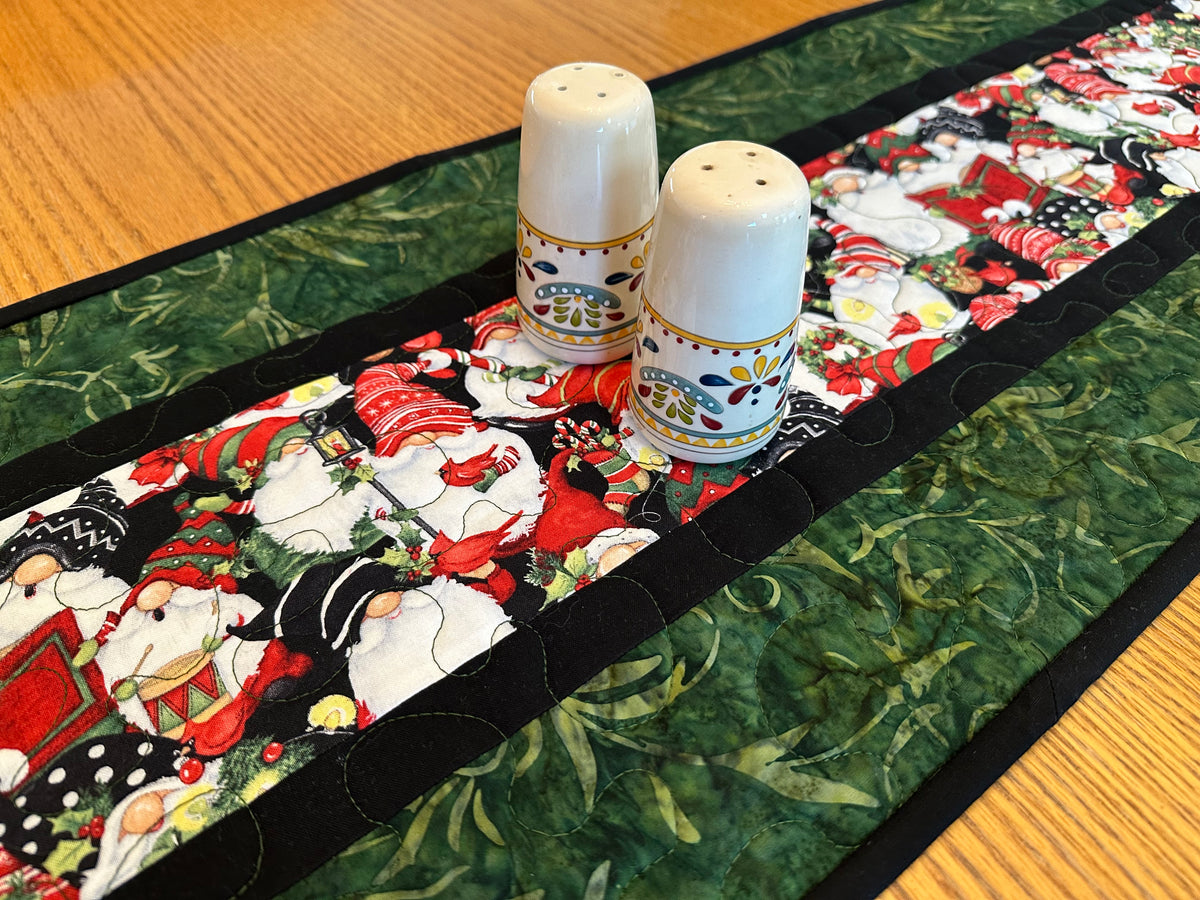 Christmas Gnomes Quilted Table Runner, Handmade Holiday Table Decor, 13x41