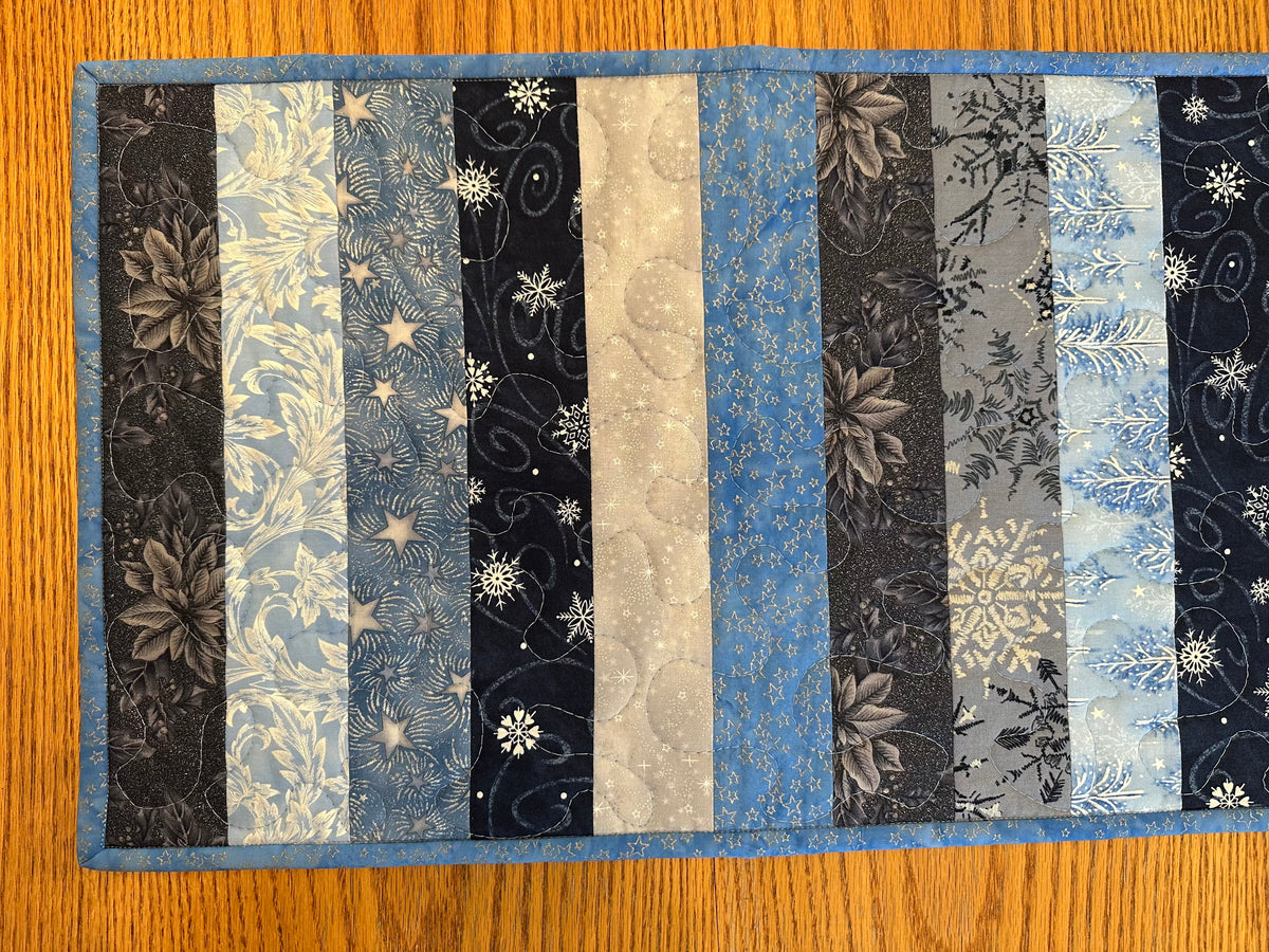 Blue Silver Snowflakes Winter Table Runner Quilted 13x32", Hanukkah Christmas