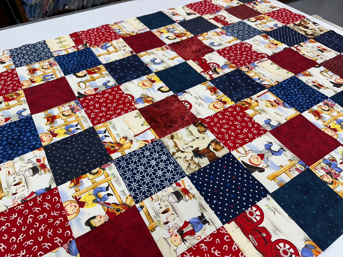 Handmade Unfinished Quilt Top, Baby Boy, Western, Lil Cowboy, Bandanas, 36"x45"