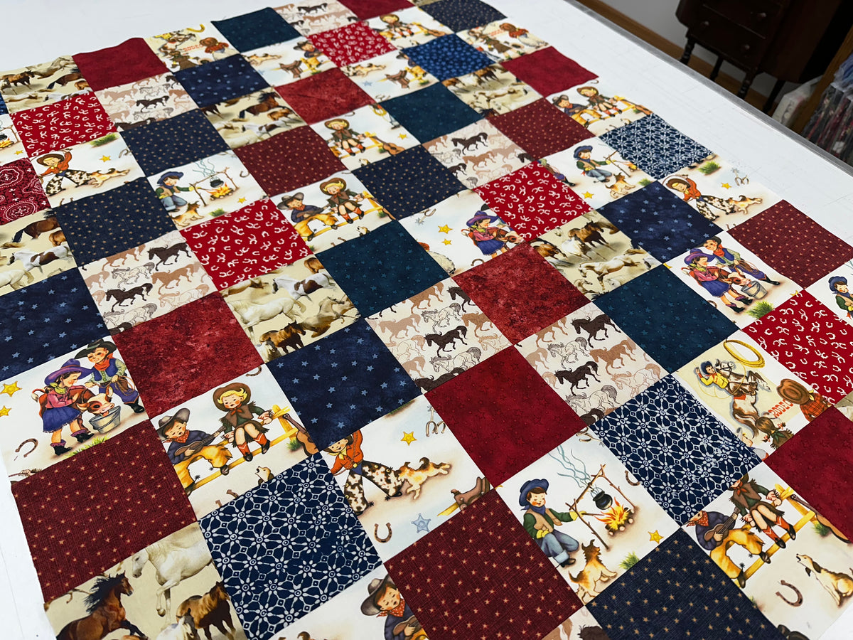 Handmade Unfinished Quilt Top, Baby Boy, Western, Lil Cowboy, Bandanas, 36"x45"