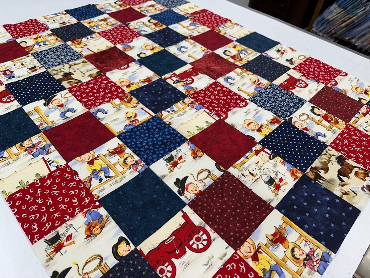 Handmade Unfinished Quilt Top, Baby Boy, Western, Lil Cowboy, Bandanas, 36"x45"