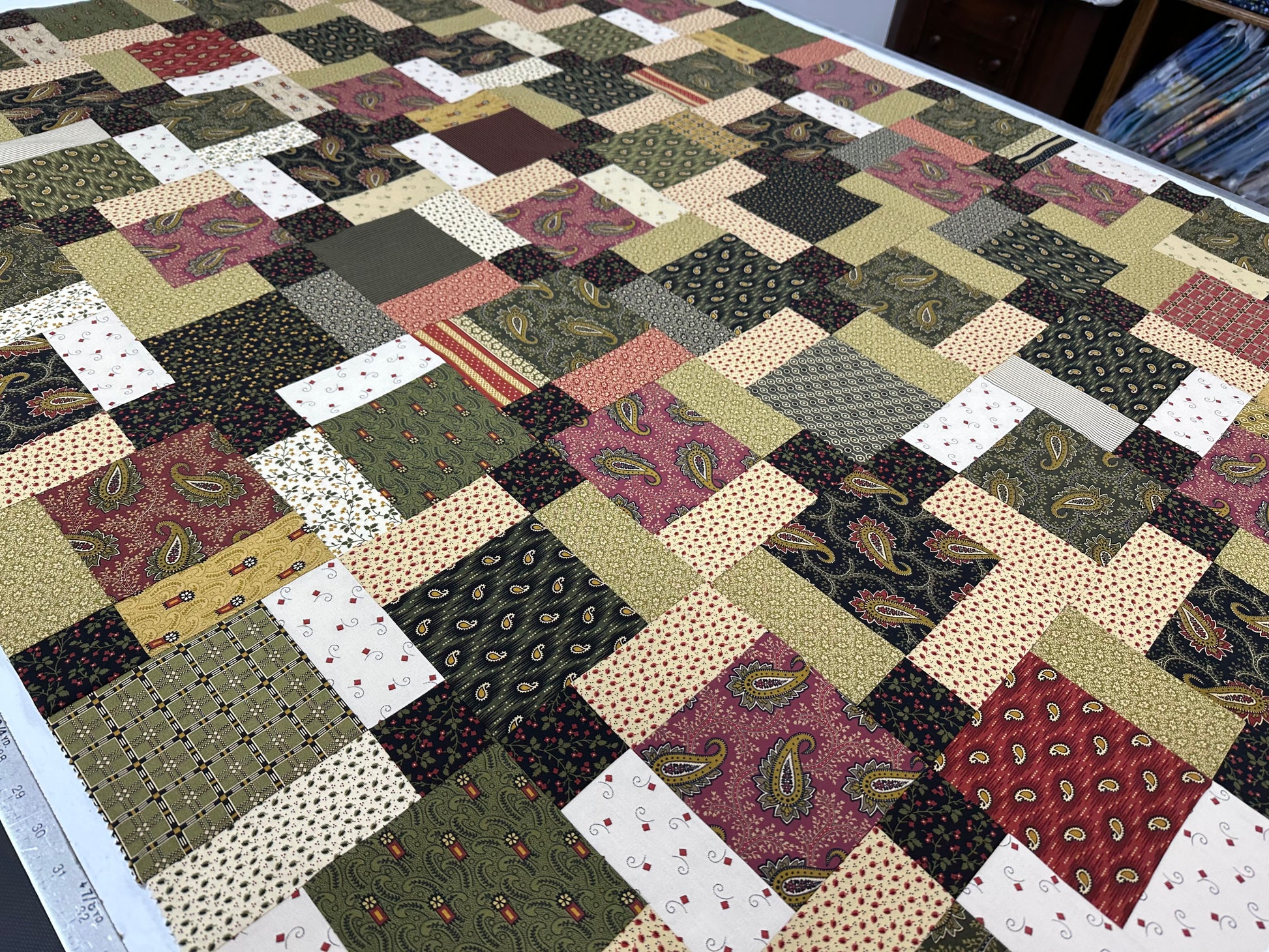 Handmade Unfinished Quilt Top, Reproduction Fabric, Green Red, 45"x58" Lap Throw