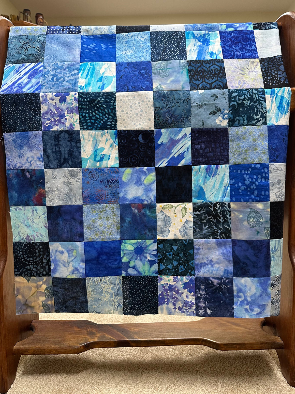 Handmade Blue Batik Unfinished Quilt Top, 36"x44", Lap Crib Throw Quilt Size