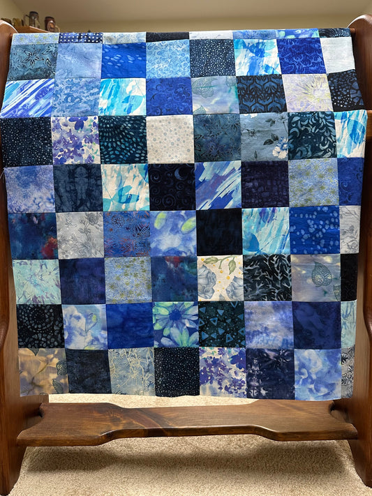 Handmade Blue Batik Unfinished Quilt Top, 36"x44", Lap Crib Throw Quilt Size