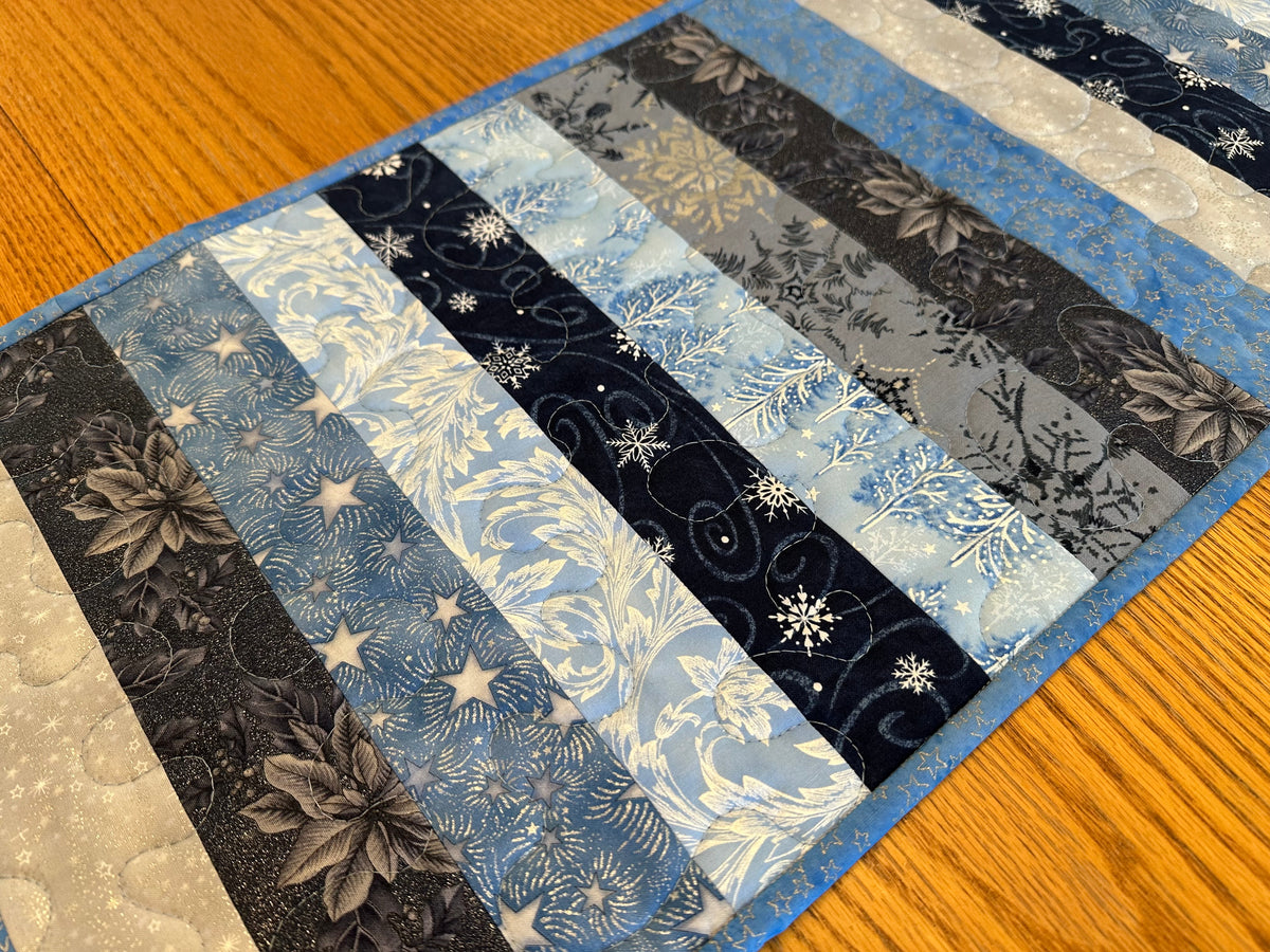 Blue Silver Snowflakes Winter Table Runner Quilted 13x32", Hanukkah Christmas