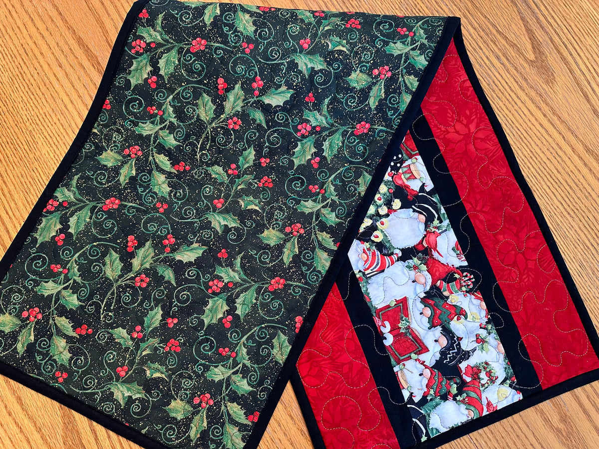 Christmas Gnomes Quilted Table Runner, Handmade Holiday Table Decor, 13x41