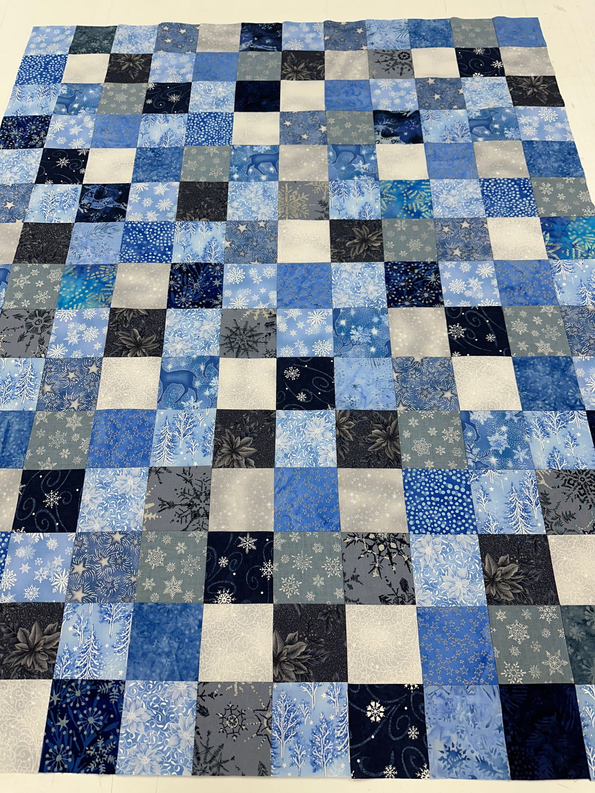 Handmade Christmas Unfinished Quilt Top – Blue, Silver, & White – 36" x 45"