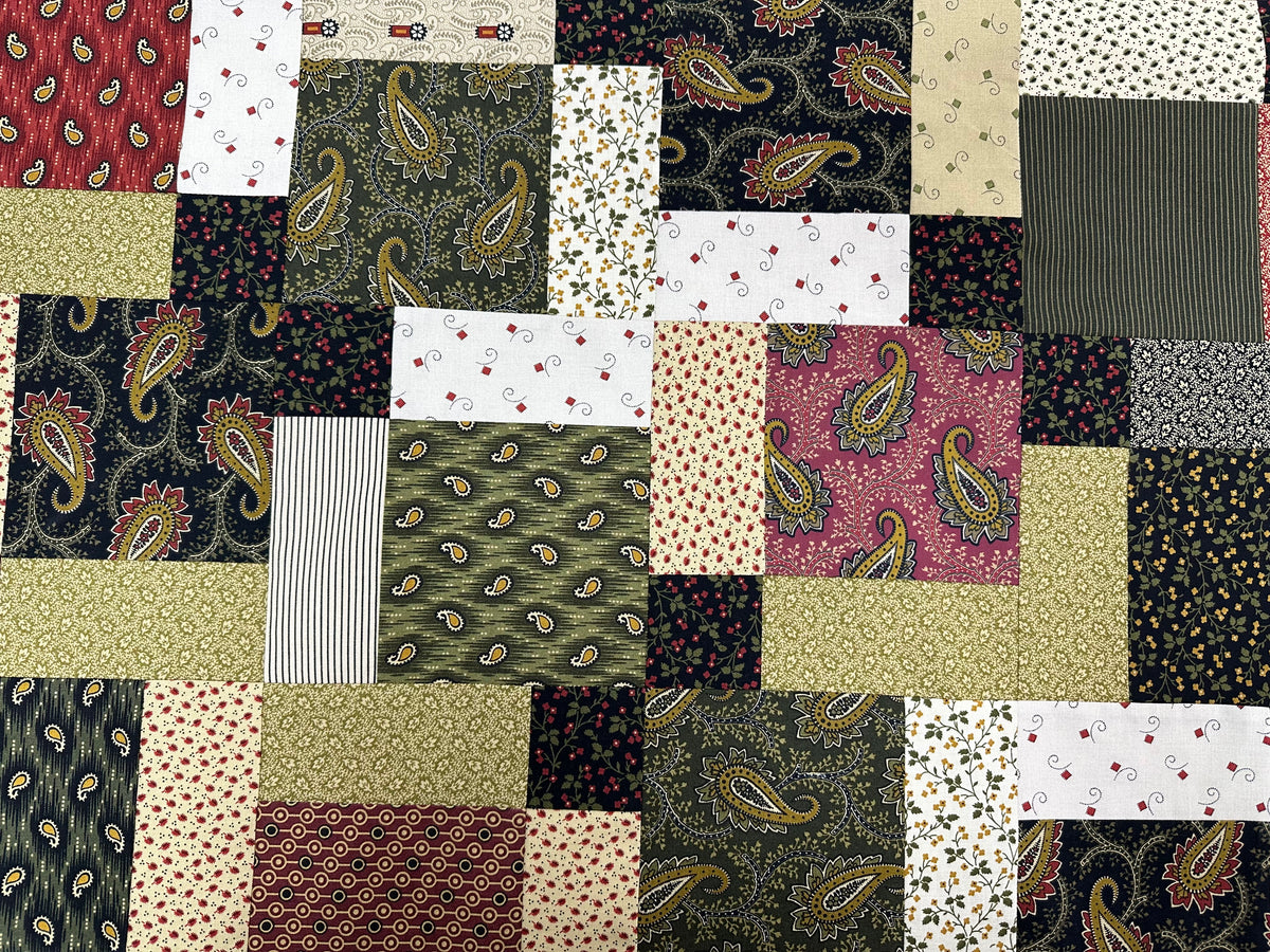 Handmade Unfinished Quilt Top, Reproduction Fabric, Green Red, 45"x58" Lap Throw