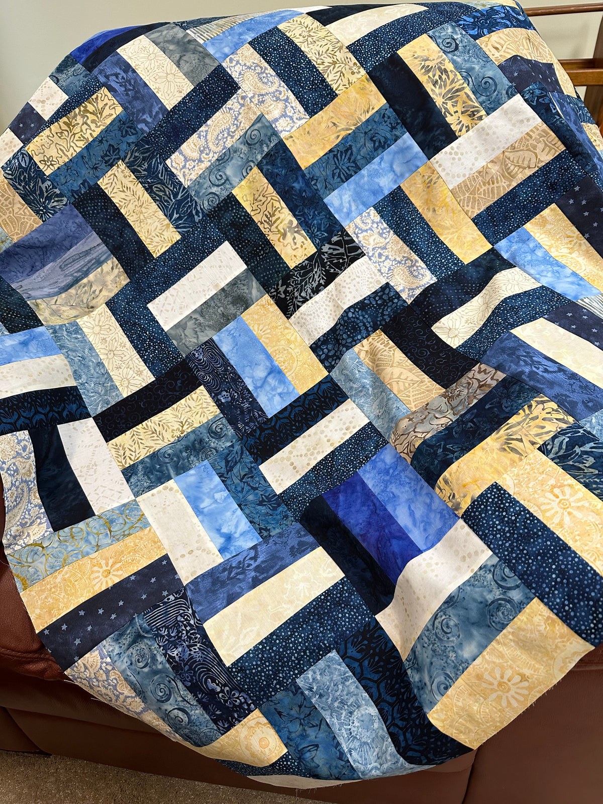 Blue Batik Unfinished Quilt Top, 48x60 Lap Quilt, Handmade Patchwork Sofa Throw