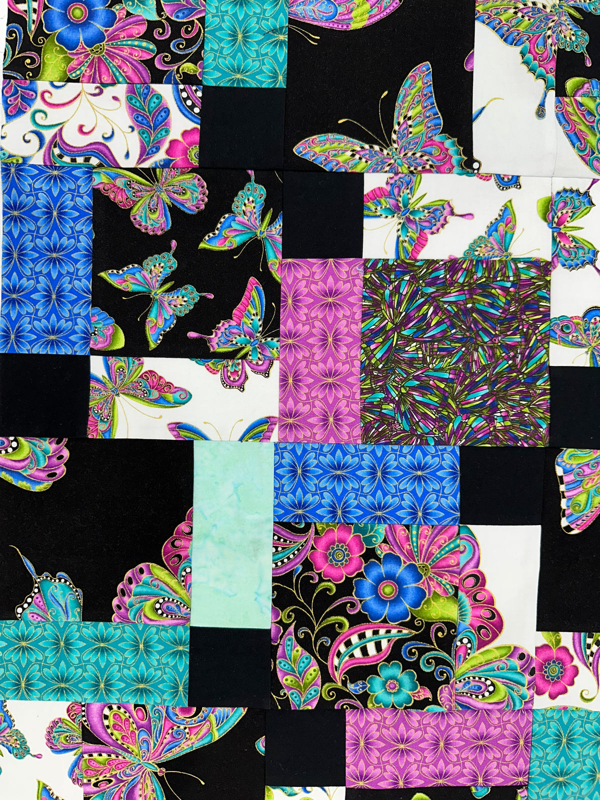 Handmade Floral Unfinished Quilt Top: Butterflies, Lap Quilt (45" x 58")