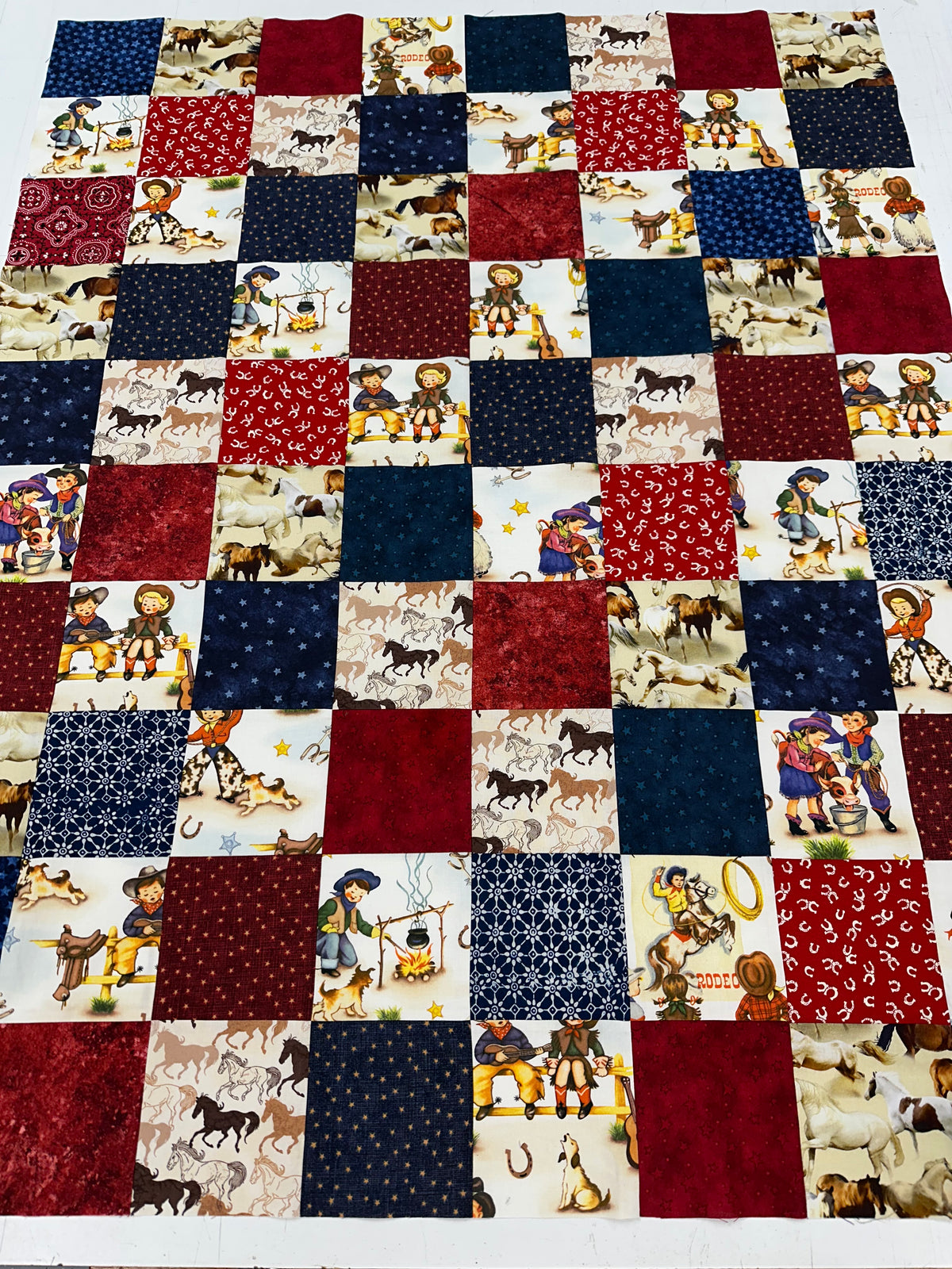 Handmade Unfinished Quilt Top, Baby Boy, Western, Lil Cowboy, Bandanas, 36"x45"