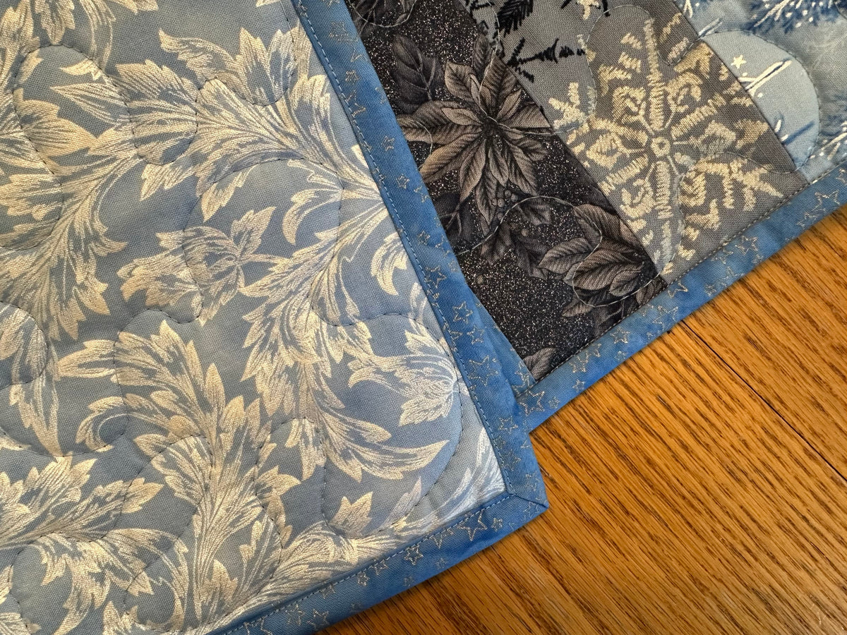 Blue Silver Snowflakes Winter Table Runner Quilted 13x40", Hanukkah Christmas