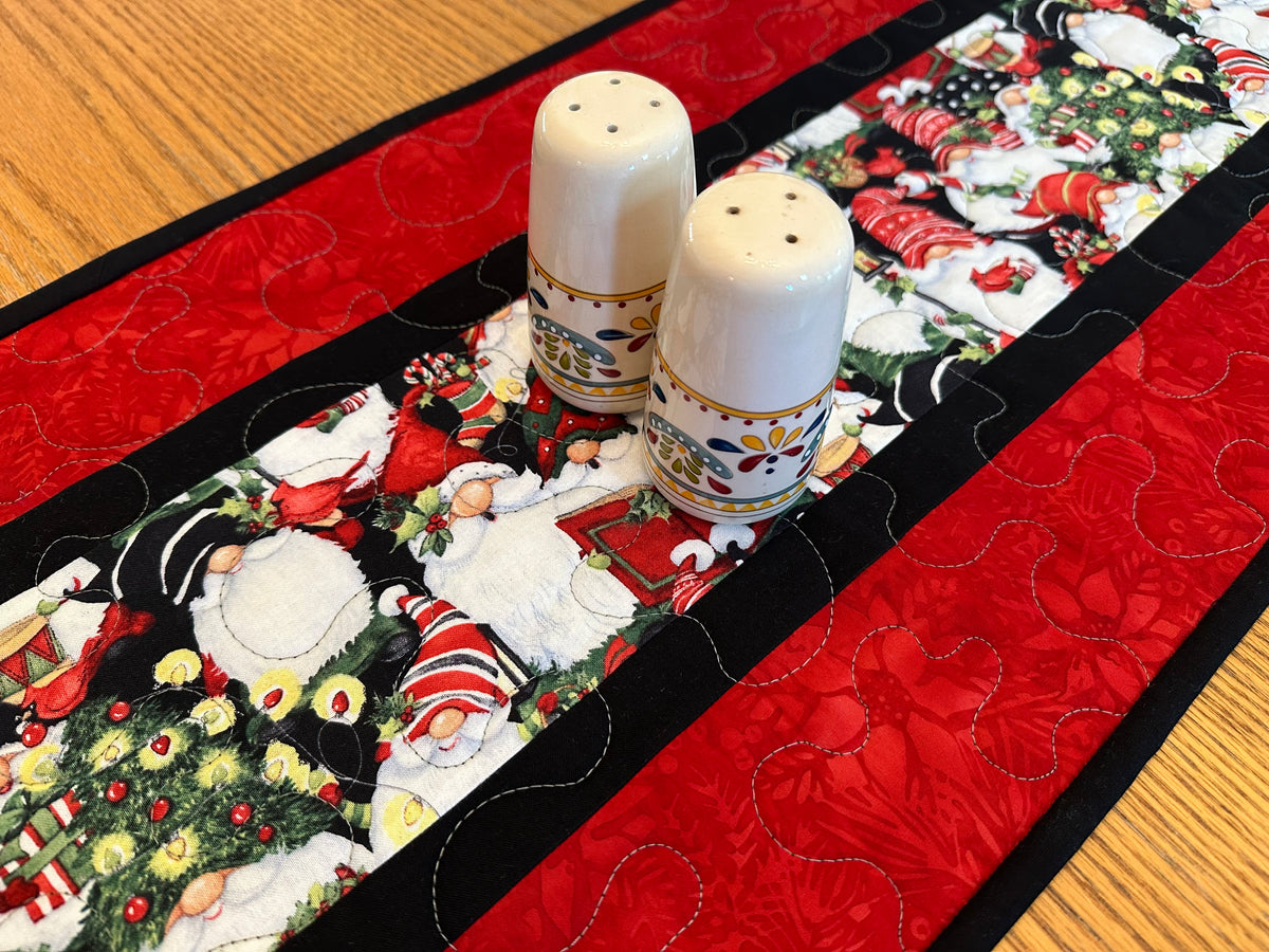 Christmas Gnomes Quilted Table Runner, Handmade Holiday Table Decor, 13x41