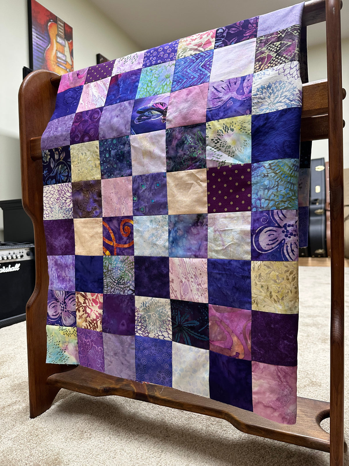 Handmade Purple Batik Quilt Top, 36"x44", Lap Crib Throw Quilt Size