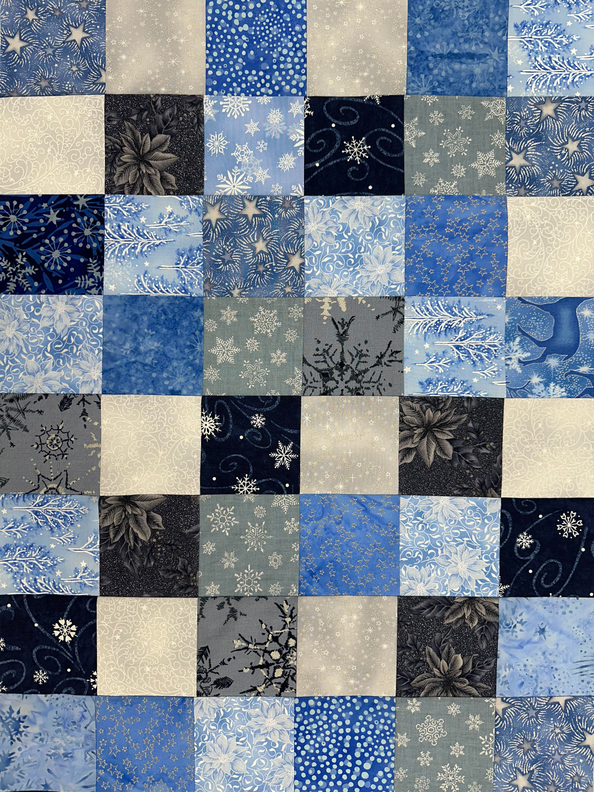 Handmade Christmas Unfinished Quilt Top – Blue, Silver, & White – 36" x 45"