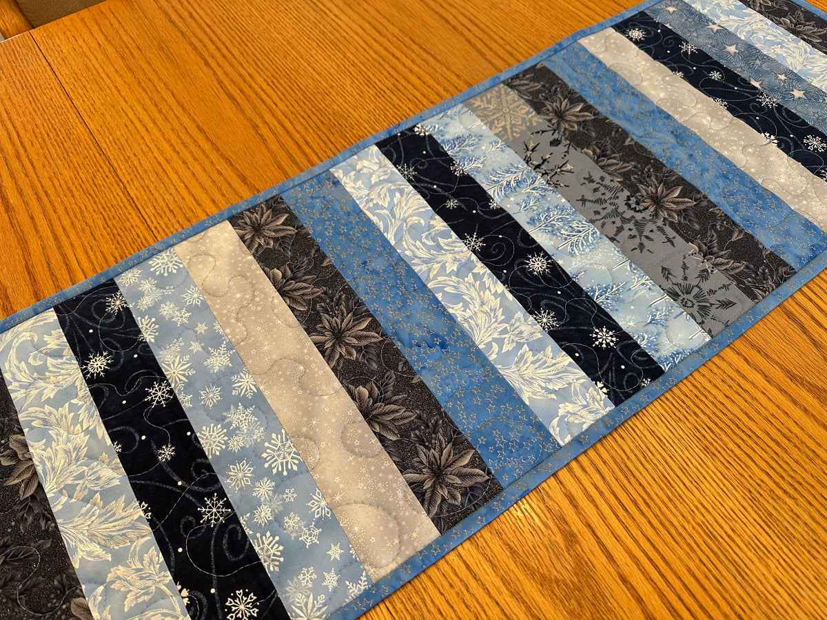 Blue Silver Snowflakes Winter Table Runner Quilted 13x40", Hanukkah Christmas