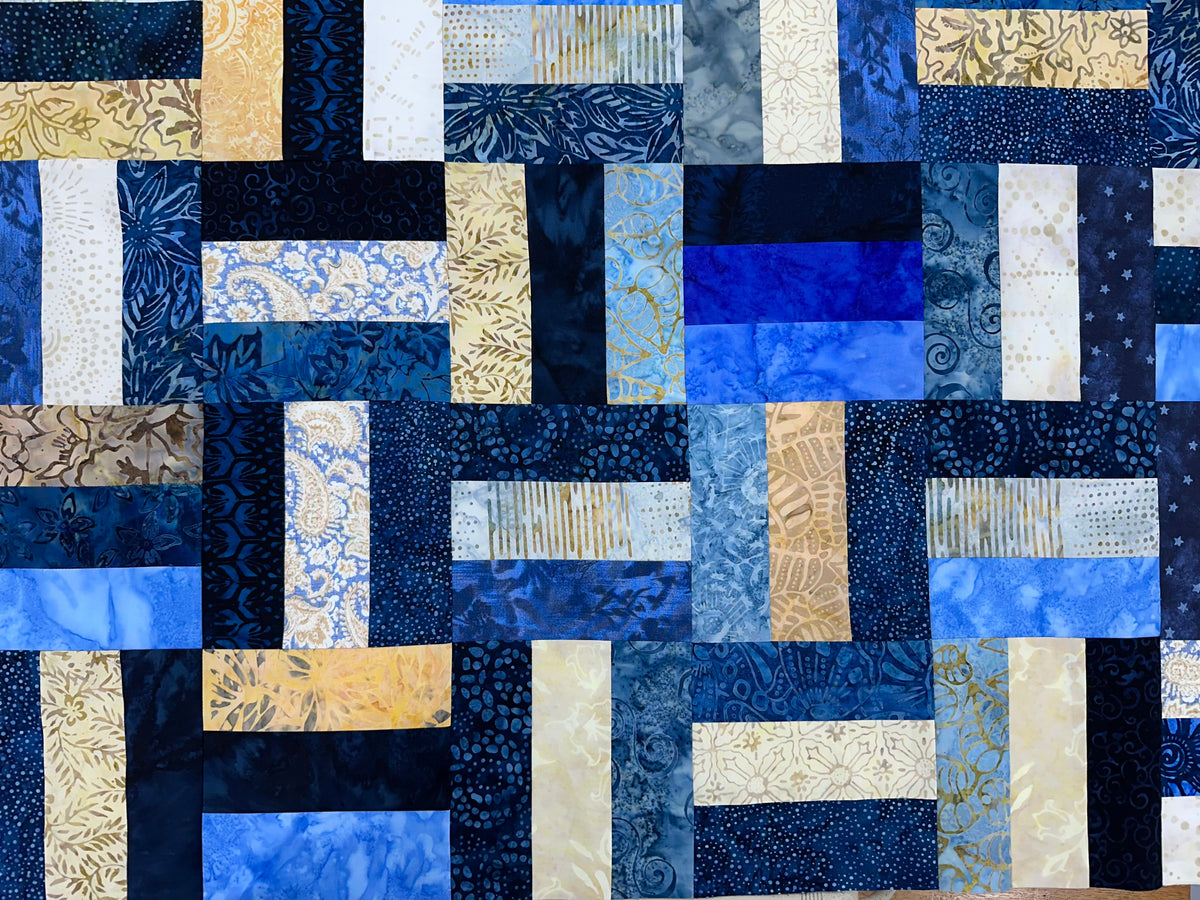Blue Batik Unfinished Quilt Top, 48x60 Lap Quilt, Handmade Patchwork Sofa Throw
