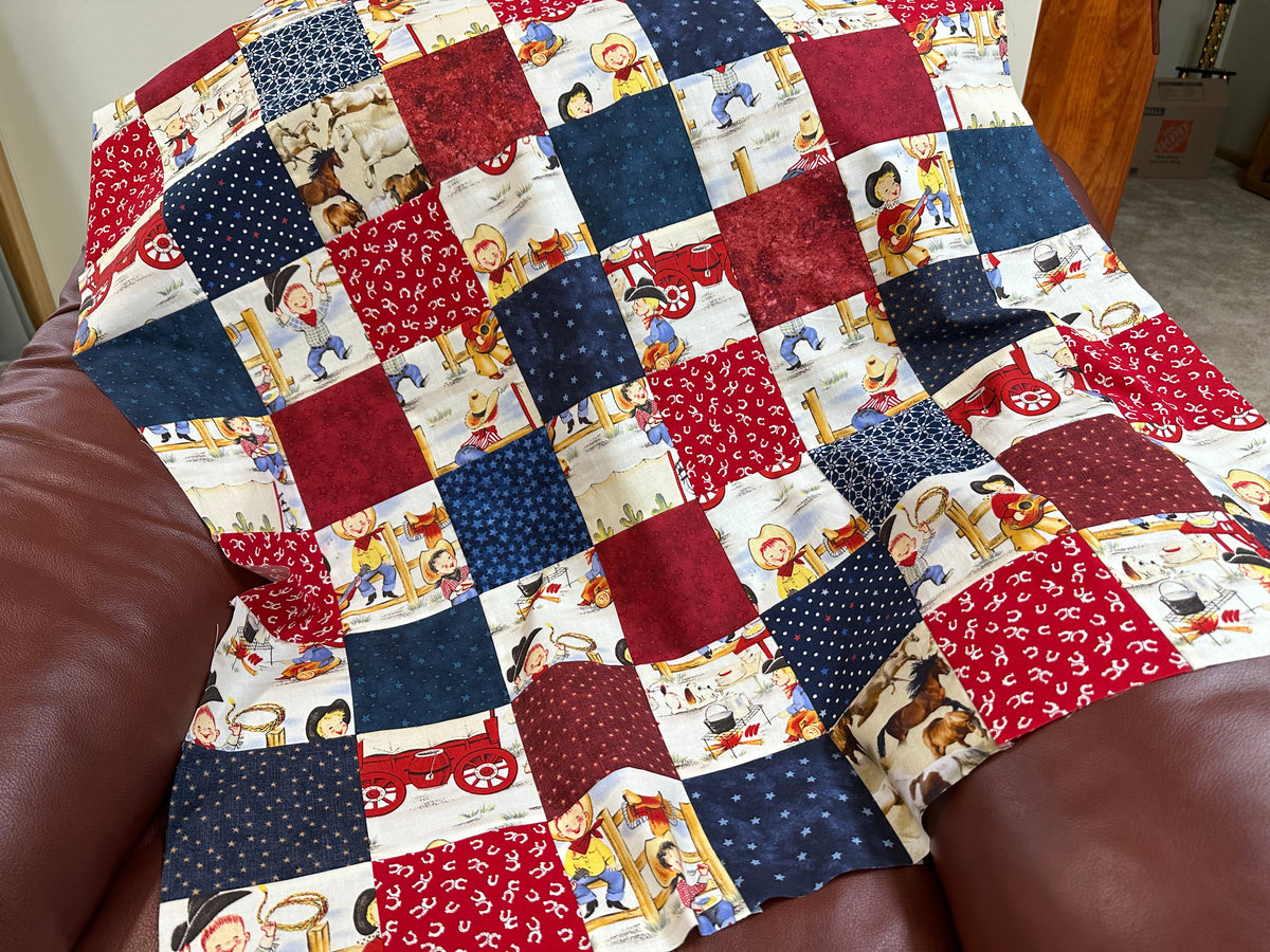 Handmade Unfinished Quilt Top, Baby Boy, Western, Lil Cowboy, Bandanas, 36"x45"