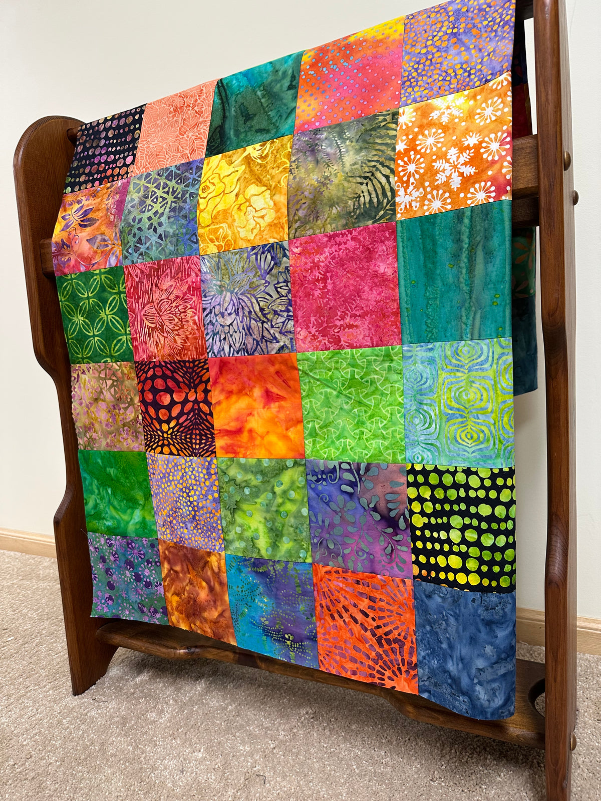 Handmade Batik Quilt Top in Bold Muli-Colors, Lap Size, 36" x 45"