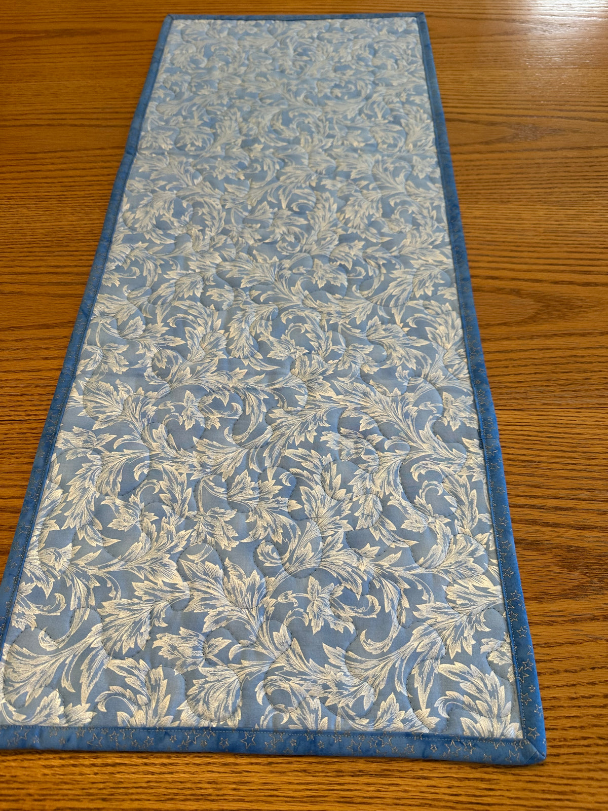 Blue Silver Snowflakes Winter Table Runner Quilted 13x32", Hanukkah Christmas